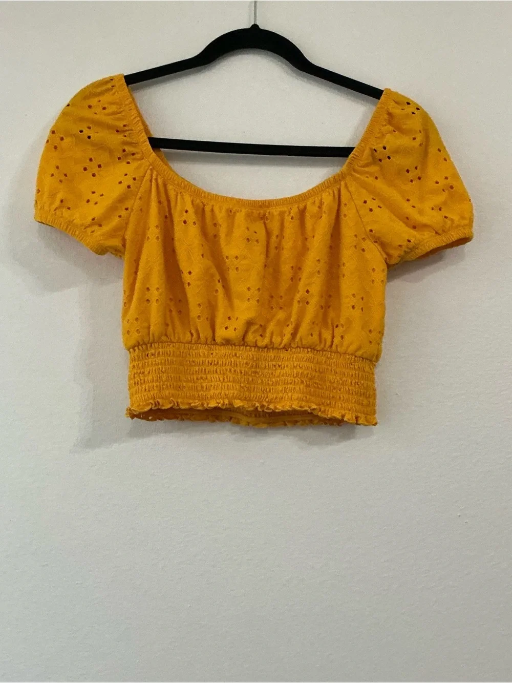 Hollister Smocked Waist Eyelet Embroidery Top Medium - Mustard Puff Sleeve - Picture 3 of 10